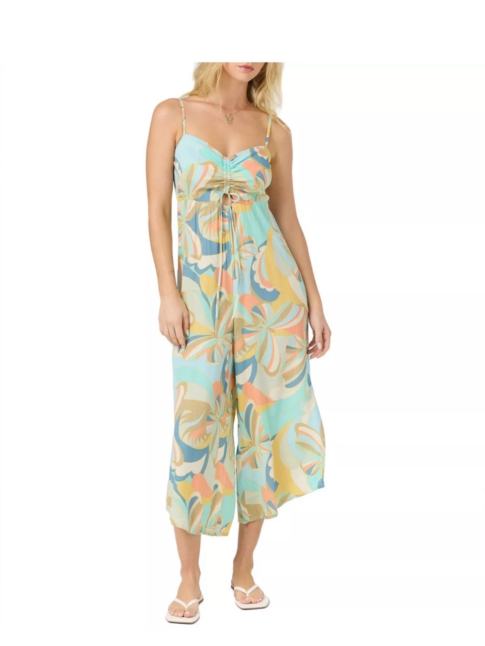 O'Neill Aqua Multi Floral-Print Wide-Leg Jumpsuit